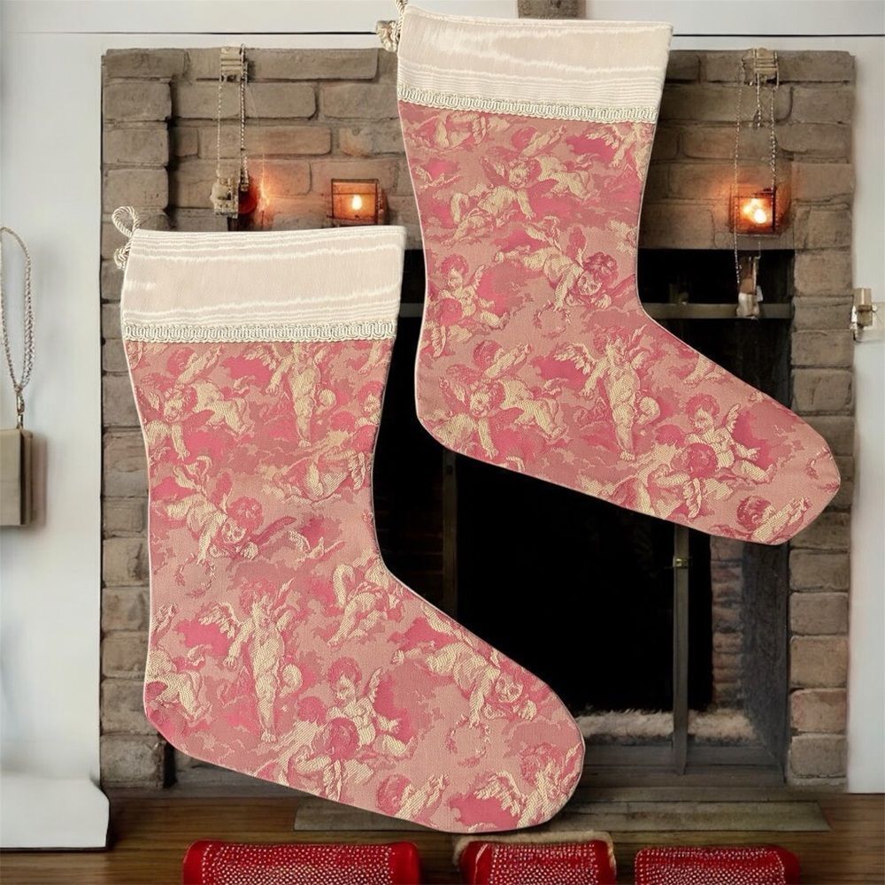 Two Red & Tan Fabric Cherub Holiday Stockings Victorian Christmas Toile French